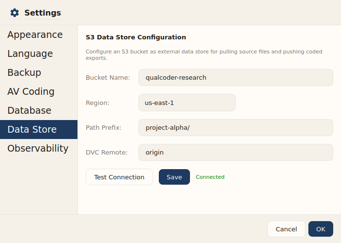 Settings Data Store Tab